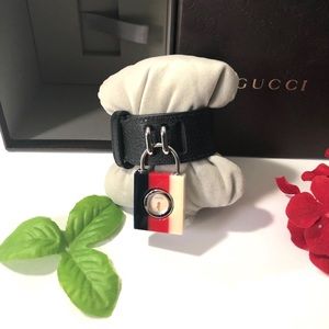 Gucci Black Leather Bracelet Watch with Red, White & Blue Pendant